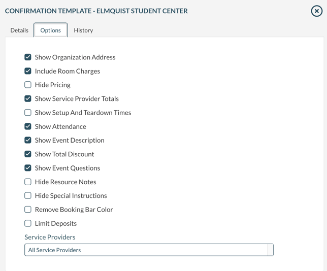 The options available when creating or editing a confirmation template