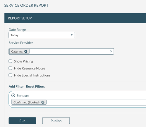 The options available when running the Service Order Report
