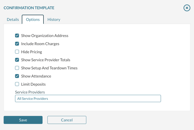 The options tab for confirmation templates