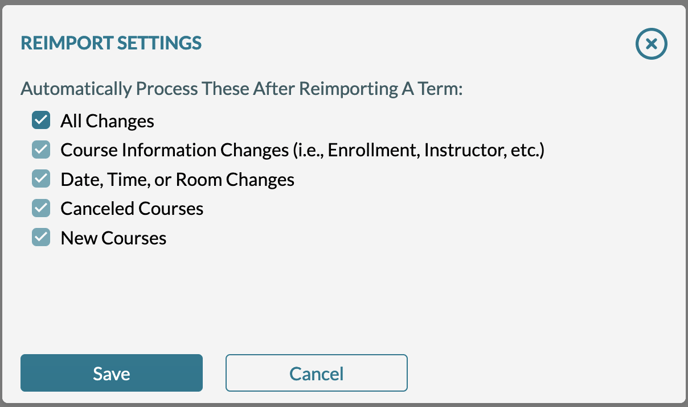 The reimport settings screen