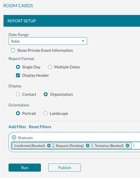 The room card report setup screen showing the options available when running the report