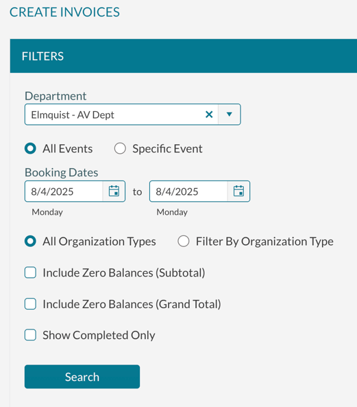 This is the Create Invoices setup screen
