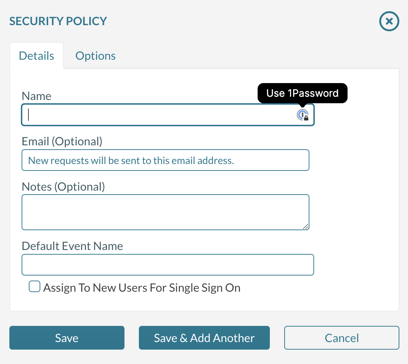 This screen is displayed when defining a new security policy