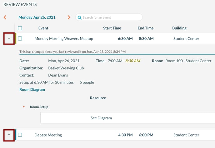 Use the + or  - icon to see or hide booking details