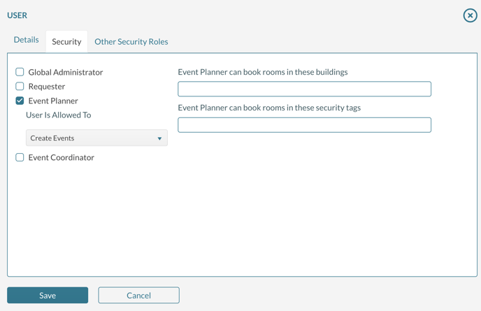 User Security screen that shows the building and tag selectors for an event planner