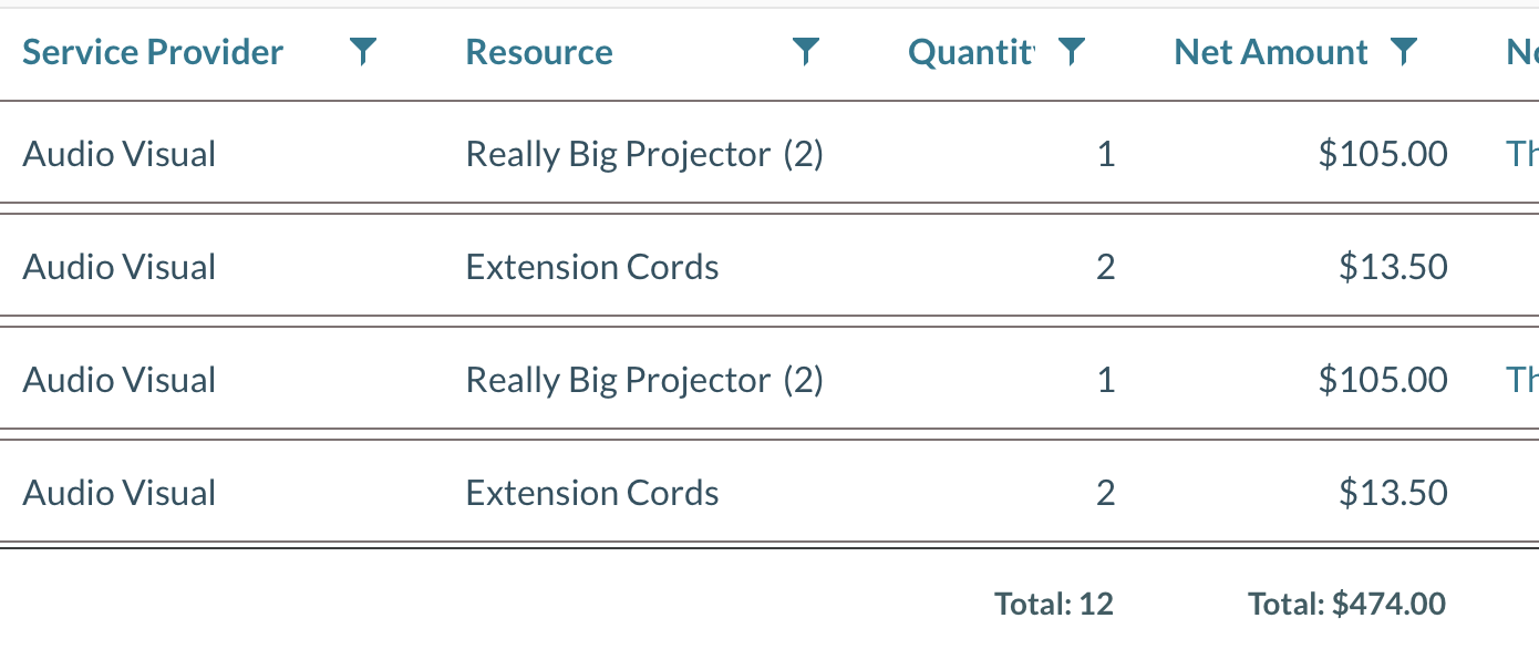screenshot of column totals in find events