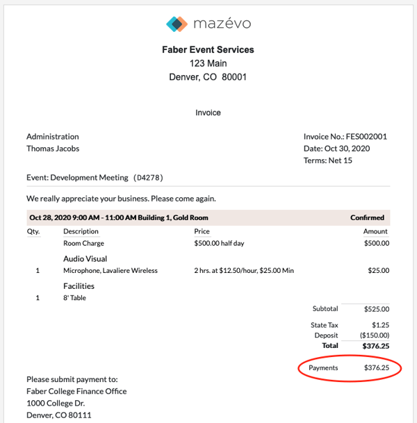 invoice showing payments mazevo