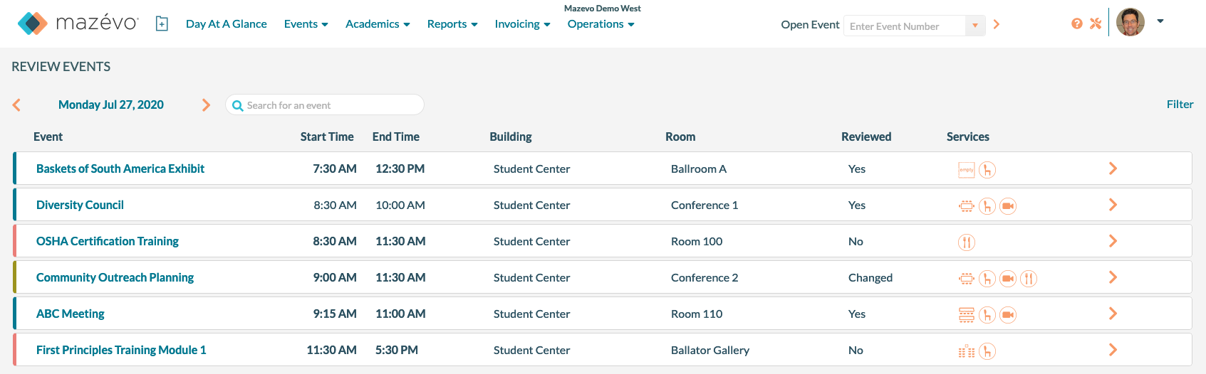 mazevo ops - review events with services