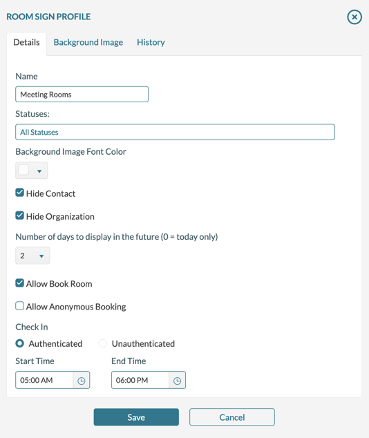 room sign profile configuration page