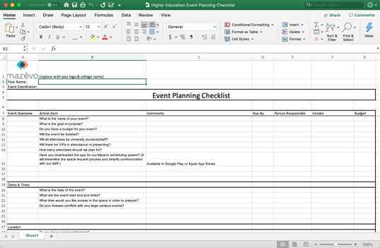 Higher Education Event Planning Checklist Spreadsheet