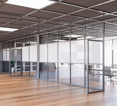 grey and glass conference rooms doors open