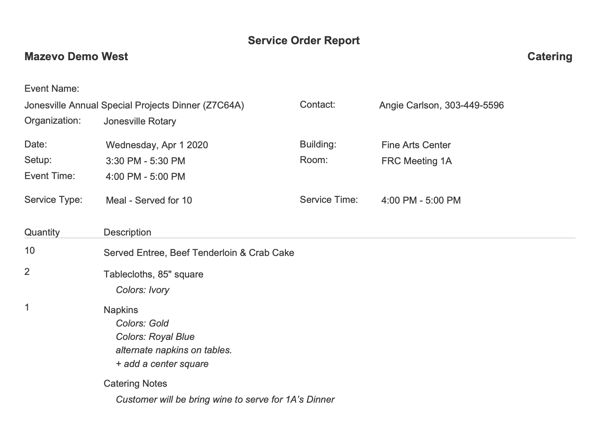 mazevo catering service order report
