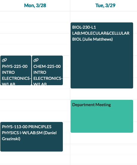 class and event schedule in a grid